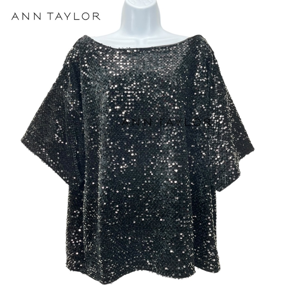 Ann Taylorโ Women XXL Black Sequin & Velvet Short Sleeve Boatneck Top Blouse